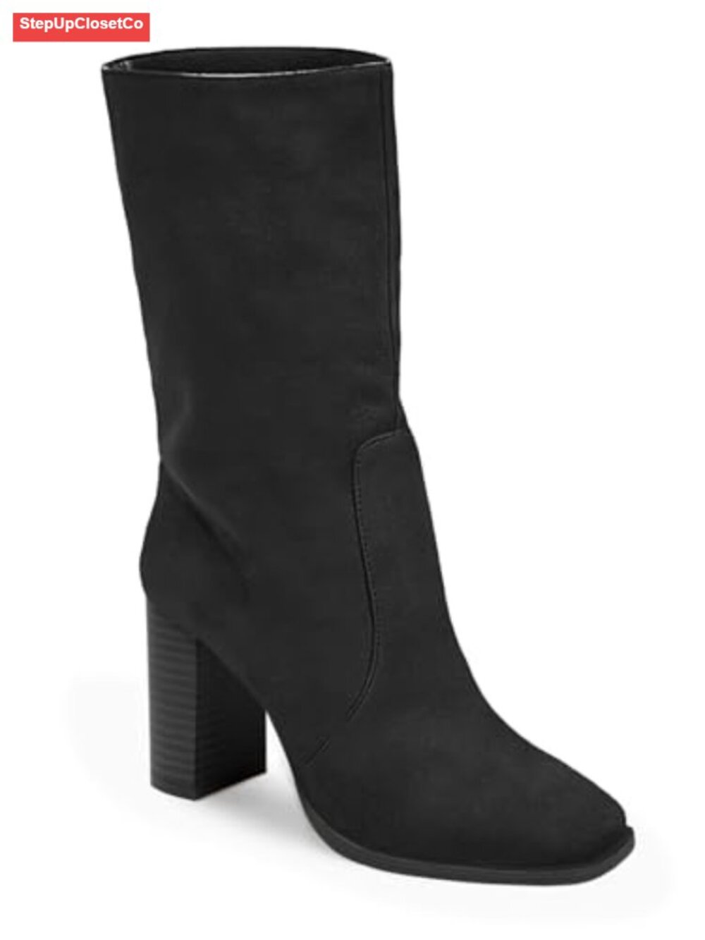 Faux Suede Mid-Calf Boots Stacked Block Heel Square Toe Side Zipper